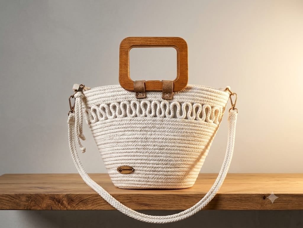 Couffin en corde coton avec poignet en bois