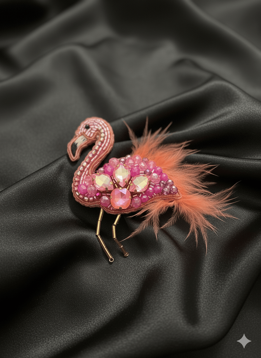 Broche Artisanale "Flamant Rose" – Perles & Plumes